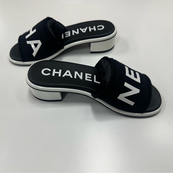 CHANEL Logo Heeled Slide Sandals in Black/White - Picture 4 of 14